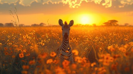 Africa Orange Little Baby Zebra Sunrise. Bloom Flower Grass With Morning Back-light on the Meadow Field with Zebra - Generative AI - Powered by Adobe