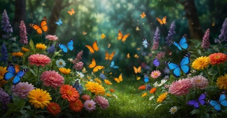 Fototapeta na wymiar Tranquil spring garden scene bursting with floral beauty and colorful butterflies, perfect for showcasing the essence of nature in banners and designs.