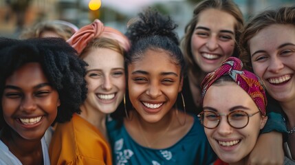 Obraz premium Multi ethnic group of young women hugging outside - Happy girlsfriends having fun laughing out loud on city street - Female community concept with cheerful girls standing together - Women power