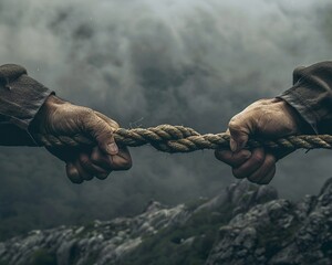 Hands desperately clutching a fraying rope over a precipice, symbolizing the tense grip on sanity amidst personal and professional crises - obrazy, fototapety, plakaty