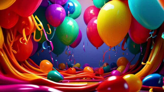 Birthday greeting or anniversary party in motion with full of colorful balloons with rainbow colors , use it as a background or greeting or setup party room. Generative Ai      