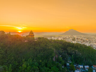 Aerial view of Nhan temple, tower is an artistic architectural work of Champa people in Tuy Hoa...