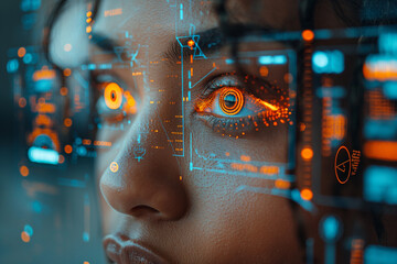 A woman's face is projected onto a screen with orange eyes and a blue background