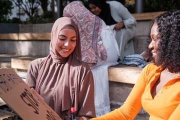 Young people making banners to demand the end of the war. Concept: peace, stop war