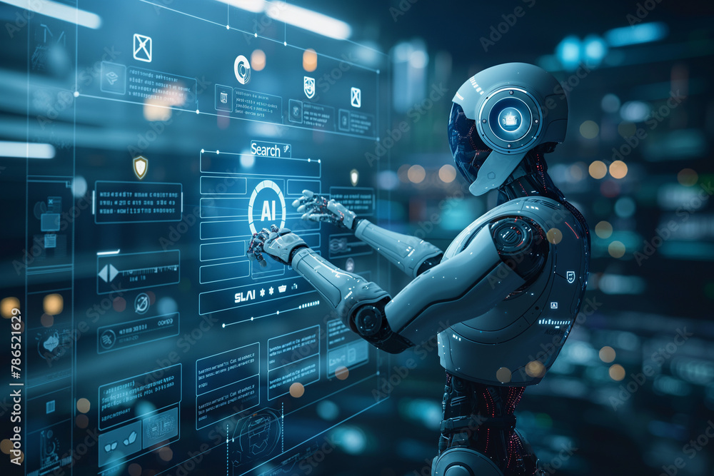 Poster a robot is using a computer screen to search for something
