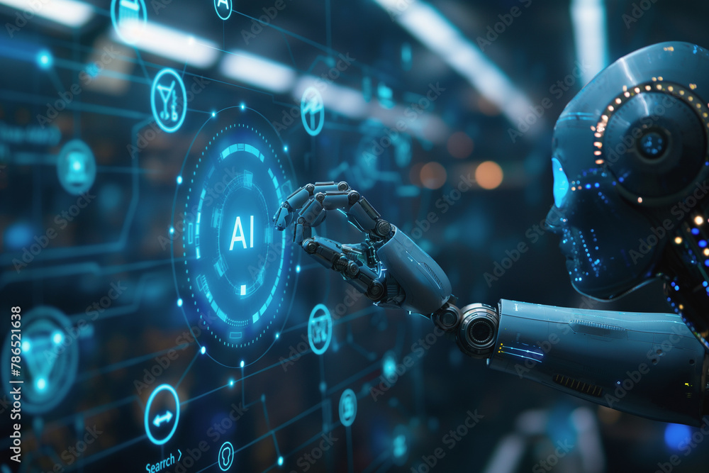 Poster a robot is touching a screen with the word ai on it