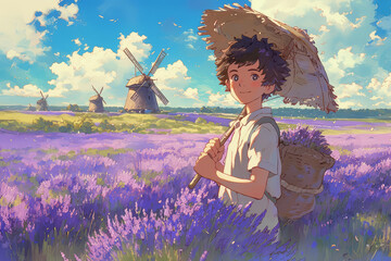 Illustration of lavender field with a view in the morning. Colorful and minimal anime aesthetics style. AI Generative.
