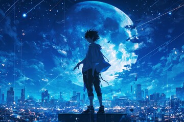 A boy stands in the center of the frame on top of city lights at night, in the style of anime