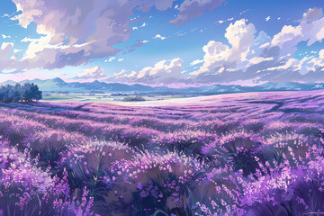 Obraz premium Illustration of lavender field with a view in the morning. Colorful and minimal anime aesthetics style. AI Generative.