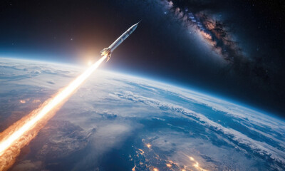 Rocket launch from the Earth planet through the clouds with a bright glow of the engine on the orbit and a bright blue nebula galaxy. 