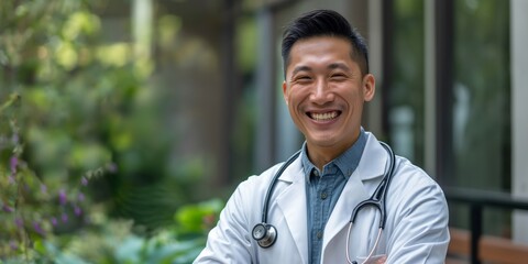 Approachable Asian male doctor with glasses and a cheerful demeanor, hospital walkway backdrop.