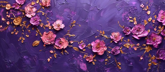 bright pink and gold beautiful flowers on deep purple background painted with oil paint 