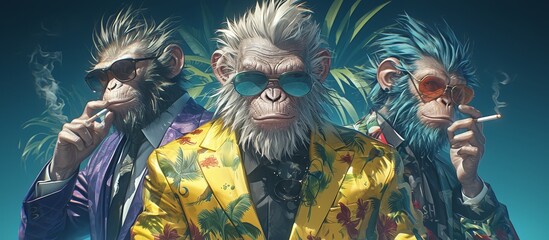 3 monkeys in colorful suits and sunglasses