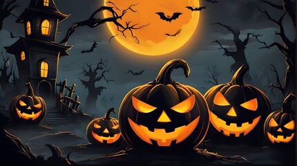 Halloween banner illustration with scary pumpkins background concept 