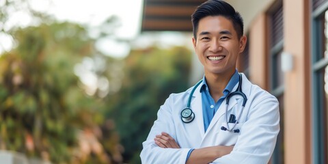 Content Asian male doctor with joyful expression, bright hospital interior.