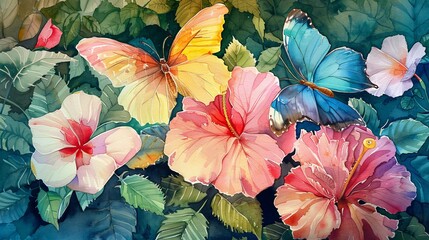 Fototapeta na wymiar bright tropical butterflies on delicate rose flowers in the garden painted in watercolor 