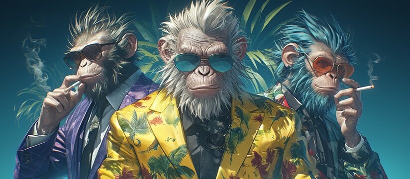 3 monkeys in colorful suits and sunglasses