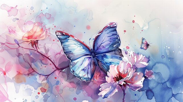 bright tropical butterflies on delicate rose flowers in the garden painted in watercolor 