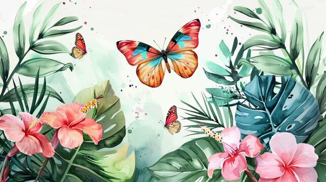 bright tropical butterflies on delicate rose flowers in the garden painted in watercolor