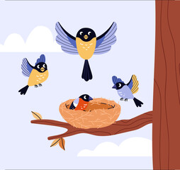 Colorful vector scene with birds and nest on a tree. Flat style.