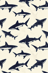 Fototapeta premium seamless graphic vector of the illustration of many blue sharks swimming under the water on plain white background 