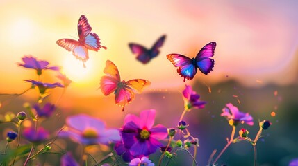 colorful purple tropical butterflies flying over bright flowers at sunrise. bright summer background  - obrazy, fototapety, plakaty