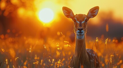 Impala Looking Front Of Camera - in Africa Wildlife. Beautiful Impala in the Grass With Evening Sun. Orange Sun Evening With Antelope - Generative AI - obrazy, fototapety, plakaty