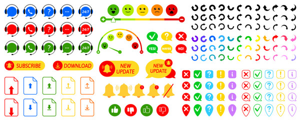 Set of arrows. Turn over, flip, reverse signs. Check mark, cross and question sign. Yes, maybe and no. Download, subscribe, new update. Customer support. Satisfaction scale, feedback, rating. Bells