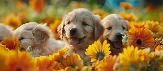 cute Golden Retriever puppies among flowers. close up