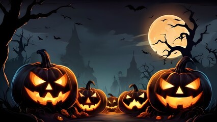 Halloween banner illustration with scary pumpkins background concept 
