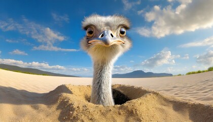 Ostrich pops its head out of a sandy burrow with a comical look against a backdrop of a clear blue sky - obrazy, fototapety, plakaty