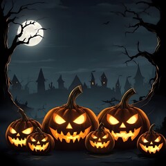 Halloween banner illustration with scary pumpkins background concept 