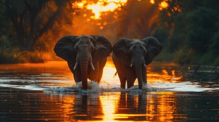 Africa Evening Elephant in the Water Reserve in Botswana Forest. Evening Light Sun Set. Magic Wildlife Scene in Nature. Two Elephants - Generative AI - obrazy, fototapety, plakaty