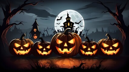 Halloween banner illustration with scary pumpkins background concept 