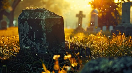 Field of American Flags besides tombstone on Memorial Day. In remember of military veteran and Happy memorial day Celebration