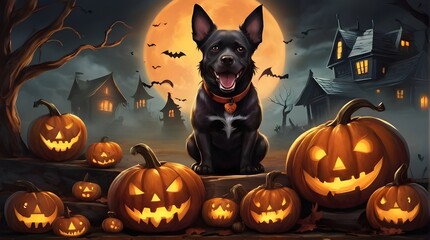 Halloween banner illustration with scary pumpkins background concept 