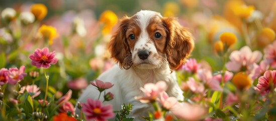 cute setter puppies among flowers. close up  - obrazy, fototapety, plakaty