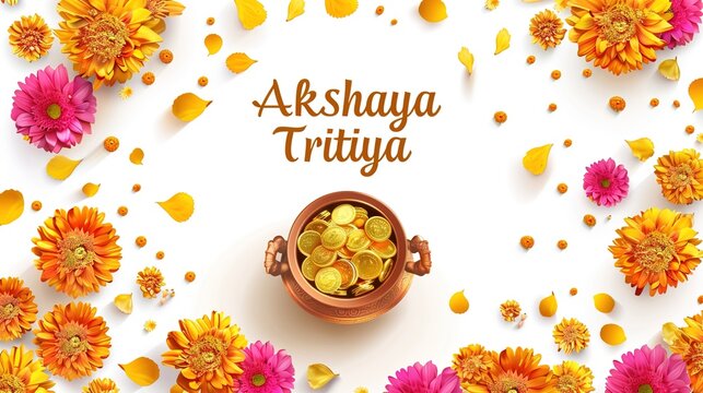  illustration of Akshaya Tritiya celebration with a golden kalash, gold coins on decorated background.Vector