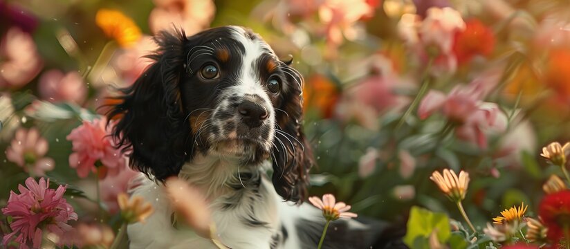cute setter puppies among flowers. close up
