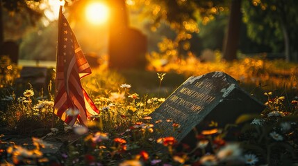 Field of American Flags besides tombstone on Memorial Day. In remember of military veteran and Happy memorial day Celebration - obrazy, fototapety, plakaty