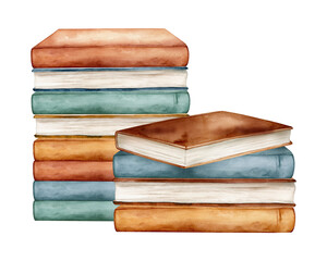Watercolor illustration stacks of books for reading, pile of textbooks for education. Set of literature, dictionaries, encyclopedias. Green brown colors illustration isolated on white background.