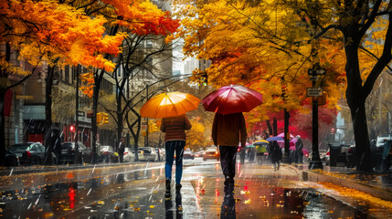 Two man holding bright umbrellas, walking under the rain along the street of the city. Autumn rainy day. Trees with yellow leaves. The weather is dreary. The view from the back.
