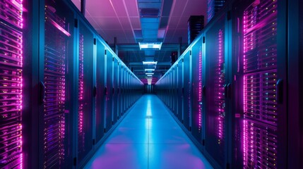 Fototapeta premium Neon Lit Data Center Corridor