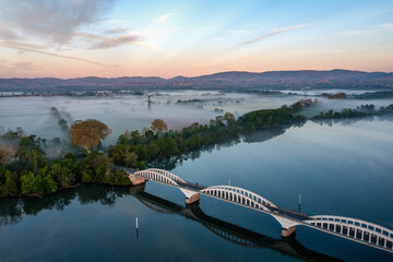 Aerial View of Misty Sunrise, River Rhone, Thoissey, Ain, Eastern France