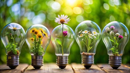 Flowers inside of lightbulbs, green energy, sustainable living concept