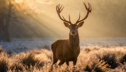 Red deer in the forest with sunrise 