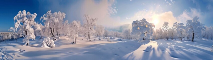 panoramic 32:9 landscape of trees covered with snow during the day. winter concept