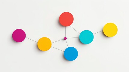 5 colorful circles connected by a thin line, forming a simple vector graphic on a white background in the minimalistic style The flat design contains simple shapes and lines without shadows, gradients