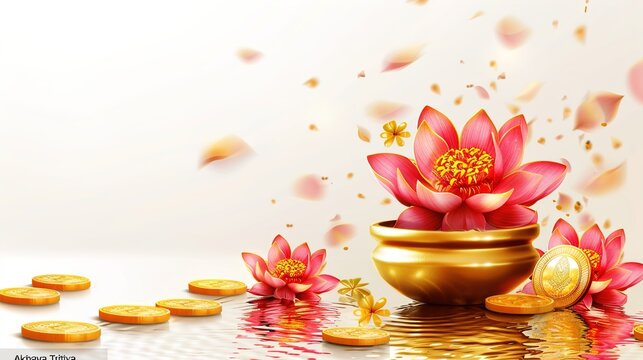  illustration of Akshaya Tritiya celebration with a golden kalash, gold coins on decorated background.Vector