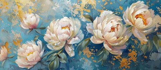 peony flowers on a blue and gold background painted with oil paints.